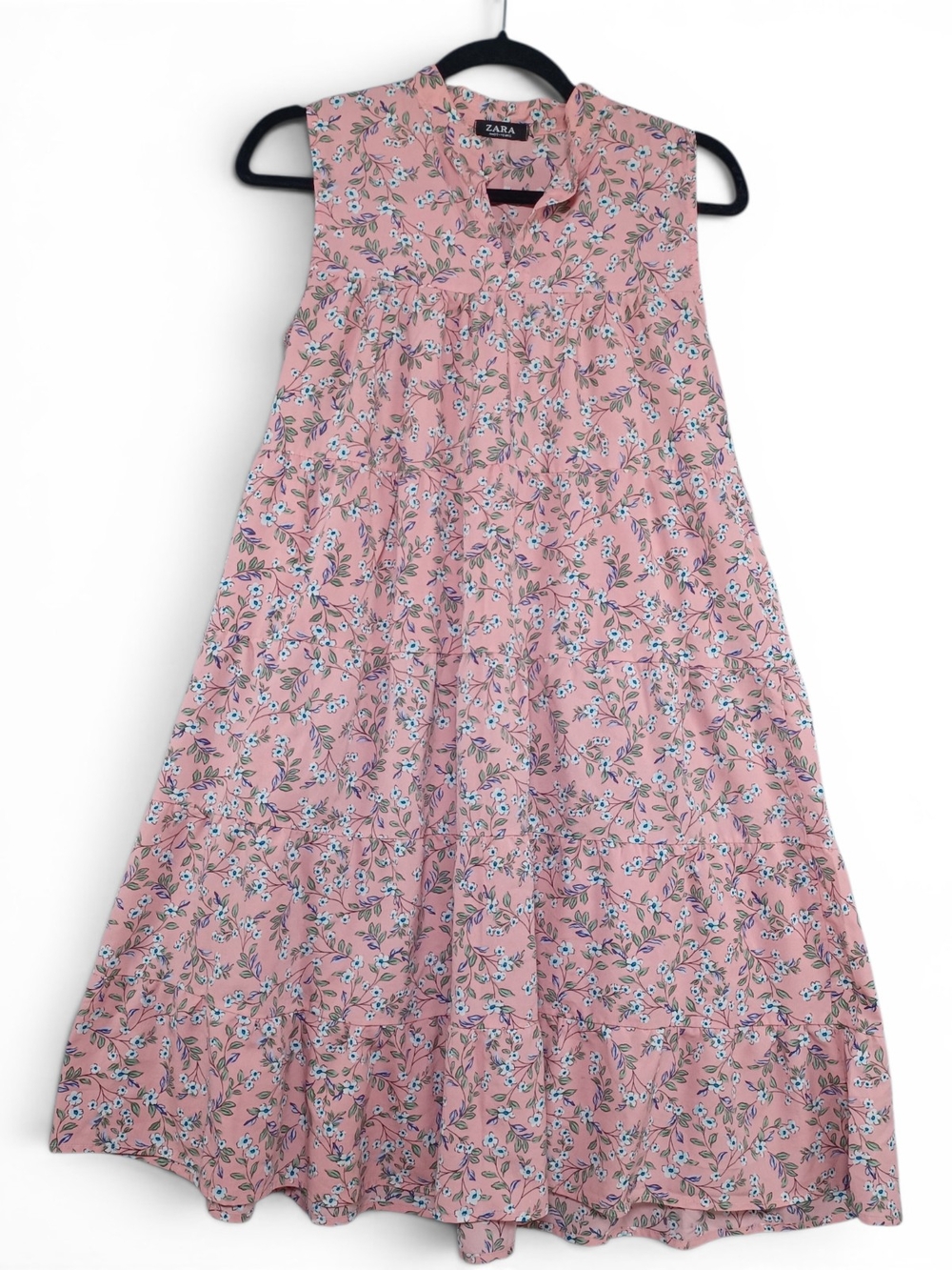 Zara Women's Pink Floral Tiered Midi Dress S Sleeveless Cottagecore Prairie Boho - Picture 3 of 9